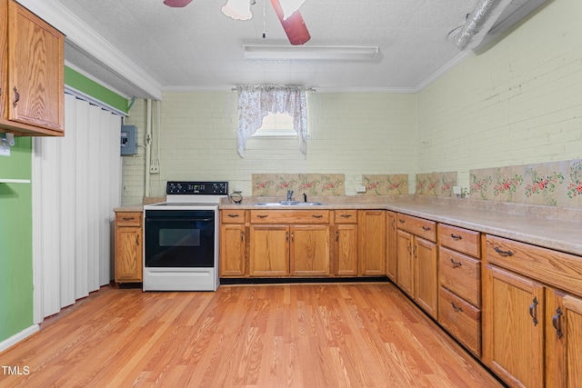 kitchen with range with electric cooktop, sink, crown molding, and light wood-type flooring