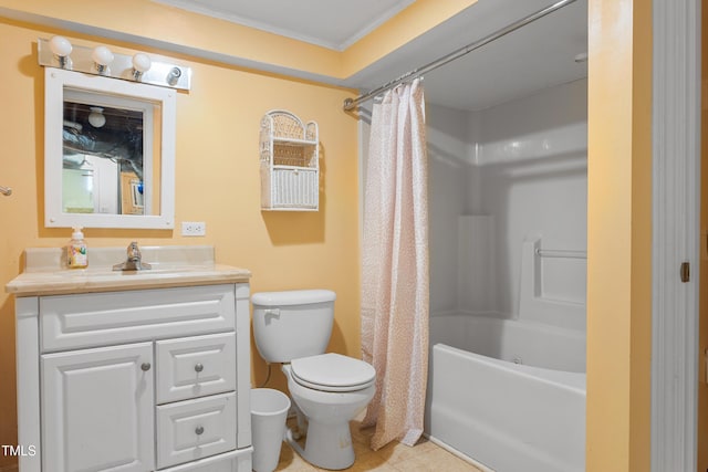 full bathroom with vanity, tile patterned flooring, toilet, and shower / bath combo with shower curtain