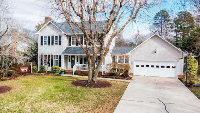 colonial inspired home with a garage, covered porch, and a front lawn