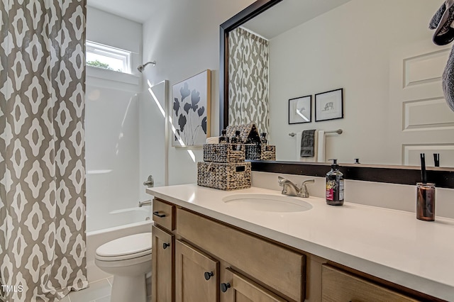 full bathroom with vanity, shower / bath combo, tile patterned floors, and toilet