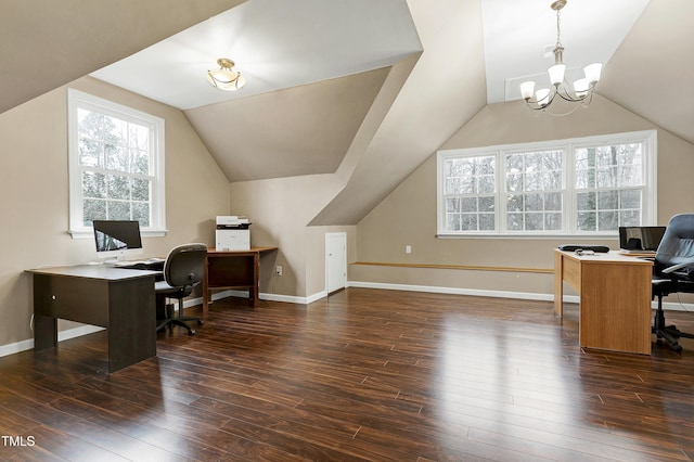 office area featuring dark hardwood / wood-style flooring, lofted ceiling, and a chandelier