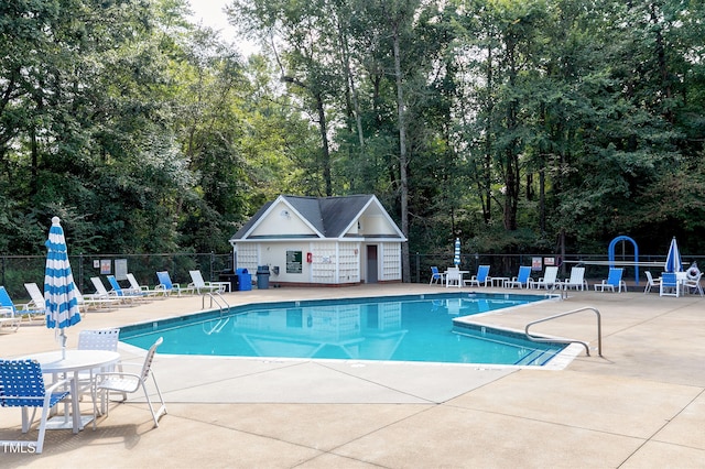 view of swimming pool with a patio area