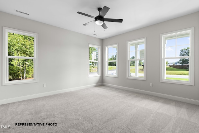 spare room with plenty of natural light, carpet, visible vents, and baseboards