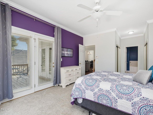 bedroom with connected bathroom, light colored carpet, access to outside, ornamental molding, and ceiling fan