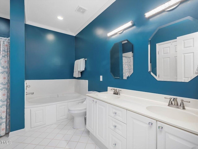 bathroom featuring crown molding, vanity, tile patterned floors, toilet, and a bathing tub