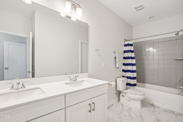 full bathroom with vanity, toilet, and shower / bath combo with shower curtain