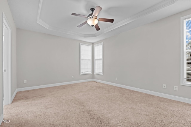 unfurnished room featuring ornamental molding, a raised ceiling, and light carpet