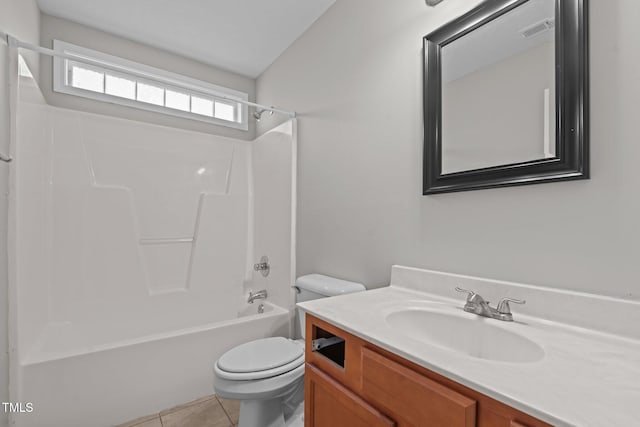 full bathroom with shower / bath combination, vanity, tile patterned floors, and toilet