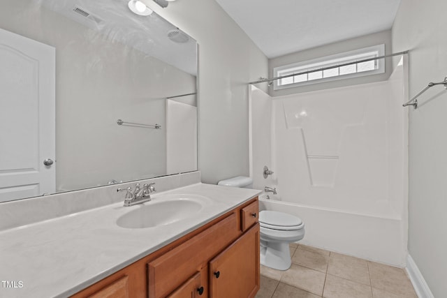 full bathroom with vanity, tile patterned floors, bathing tub / shower combination, and toilet