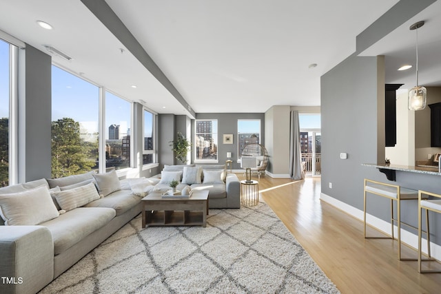 living room featuring plenty of natural light, light hardwood / wood-style floors, and a wall of windows