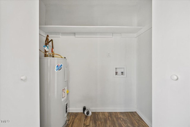 laundry room with washer hookup, dark hardwood / wood-style flooring, and water heater