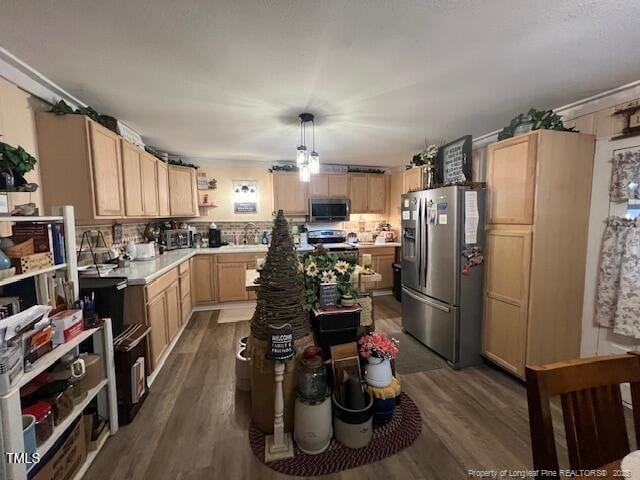 kitchen featuring dark hardwood / wood-style flooring, hanging light fixtures, stainless steel appliances, and light brown cabinets