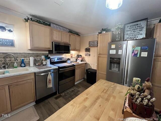 kitchen featuring stainless steel appliances, tasteful backsplash, sink, and dark wood-type flooring