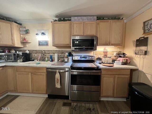 kitchen with sink, stainless steel appliances, dark hardwood / wood-style floors, tasteful backsplash, and light brown cabinetry