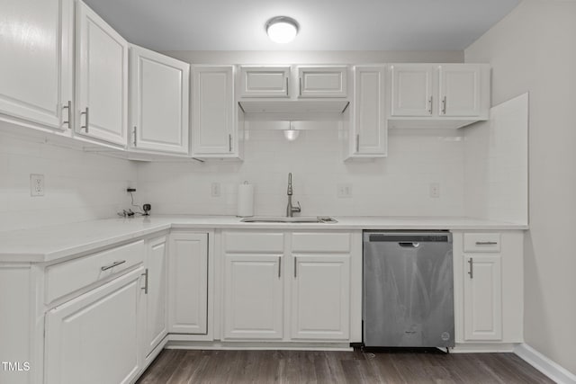 kitchen featuring white cabinetry, sink, stainless steel dishwasher, and decorative backsplash