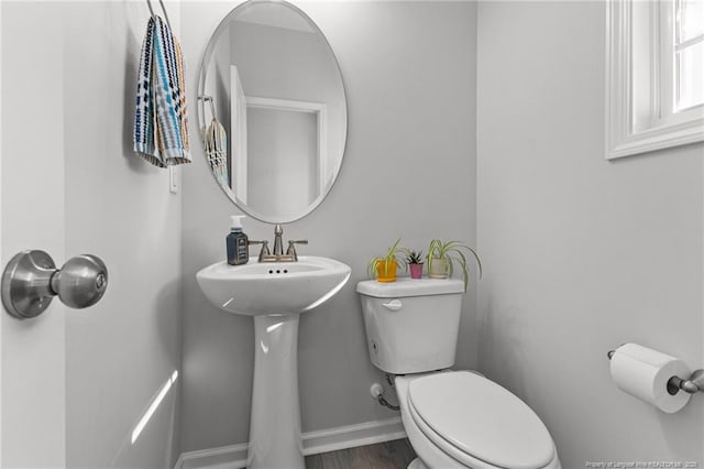 bathroom featuring wood-type flooring, toilet, and sink