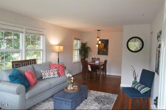 living room with dark hardwood / wood-style flooring