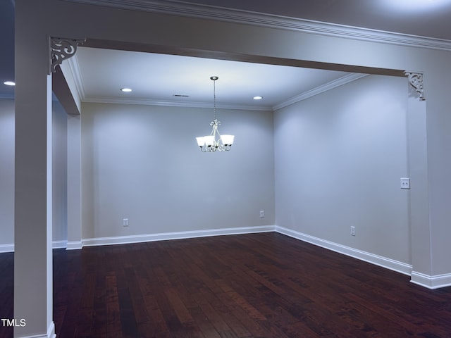 unfurnished dining area with crown molding, an inviting chandelier, and dark hardwood / wood-style flooring