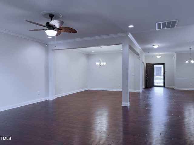 unfurnished living room with ornamental molding, dark hardwood / wood-style floors, and ceiling fan with notable chandelier