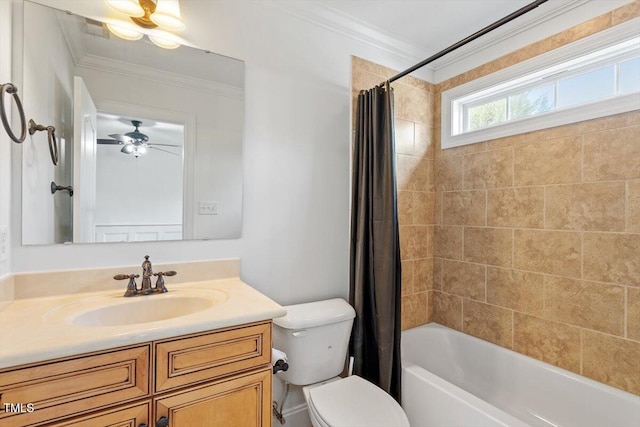 full bathroom with shower / tub combo with curtain, visible vents, toilet, ornamental molding, and vanity