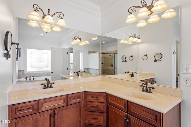 full bath with a chandelier, ornamental molding, a sink, and a shower stall