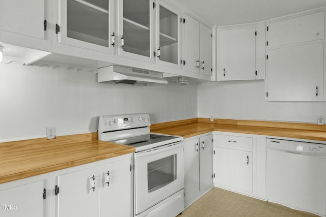 kitchen with white cabinets and white appliances