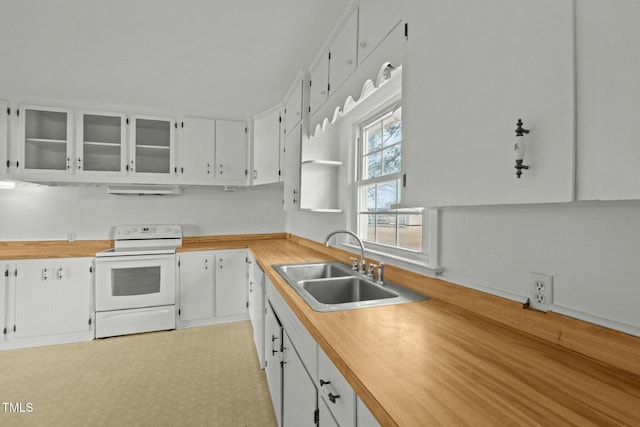 kitchen featuring sink, white appliances, ventilation hood, and white cabinets