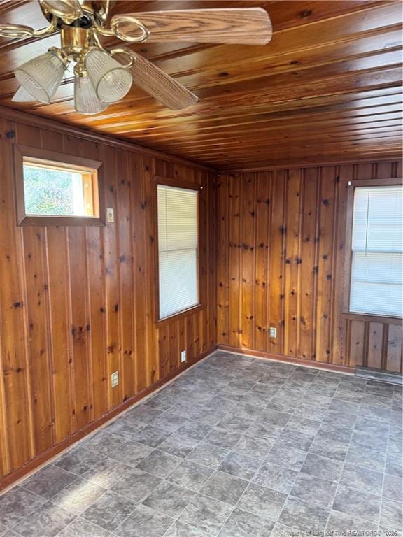 spare room featuring ceiling fan, wood walls, and wooden ceiling