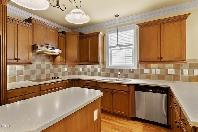 kitchen featuring sink, dishwasher, hanging light fixtures, black electric stovetop, and decorative backsplash