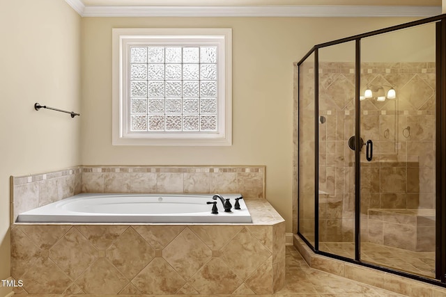 bathroom with crown molding, separate shower and tub, and tile patterned floors