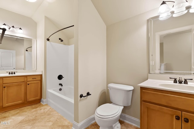 full bathroom with vanity, vaulted ceiling, tub / shower combination, and toilet