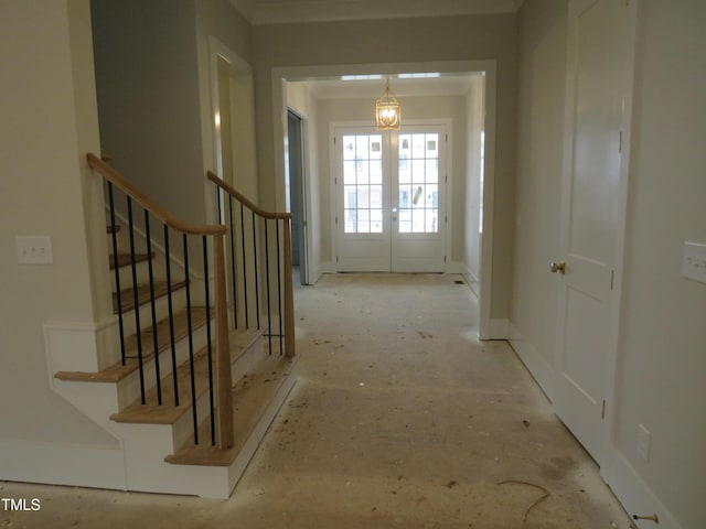 hall with french doors, stairway, and baseboards