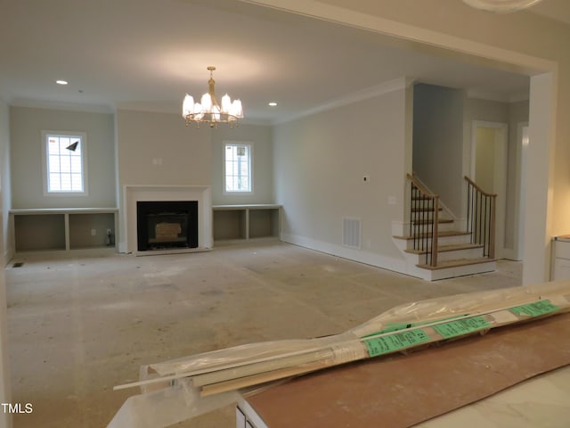 unfurnished living room with visible vents, stairs, crown molding, a fireplace, and recessed lighting