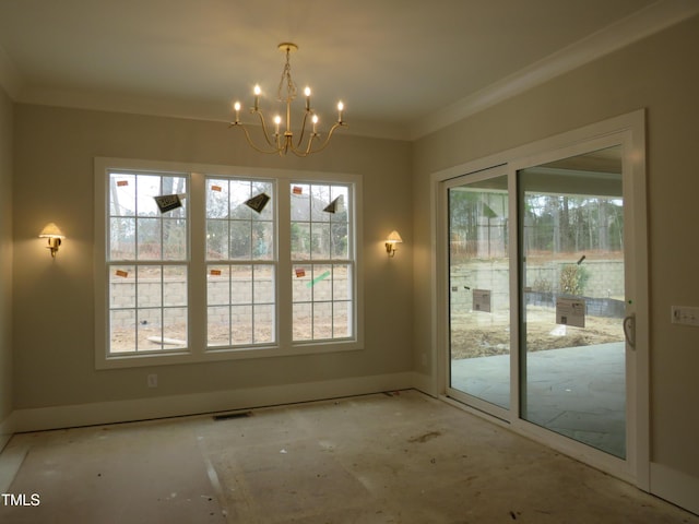 unfurnished dining area with an inviting chandelier and crown molding