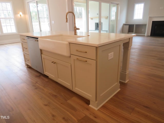 kitchen featuring dishwasher, wood finished floors, light countertops, and a sink