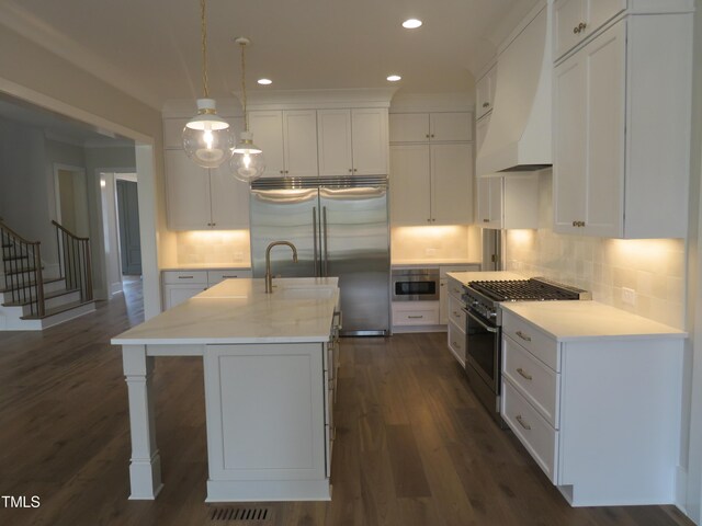 kitchen with white cabinetry, custom exhaust hood, high end appliances, and light countertops