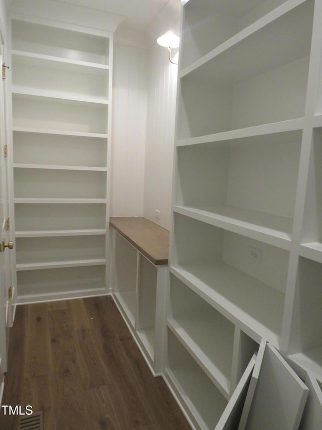 spacious closet featuring dark wood-style floors and visible vents