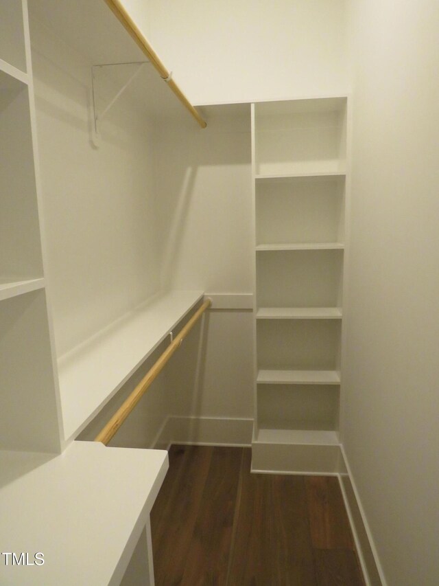 walk in closet featuring dark wood finished floors
