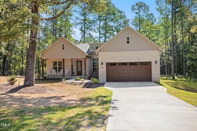 modern farmhouse with a porch and a front lawn