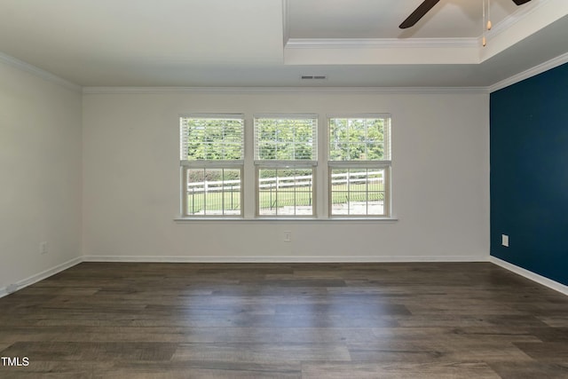 spare room with crown molding, dark hardwood / wood-style flooring, and a raised ceiling