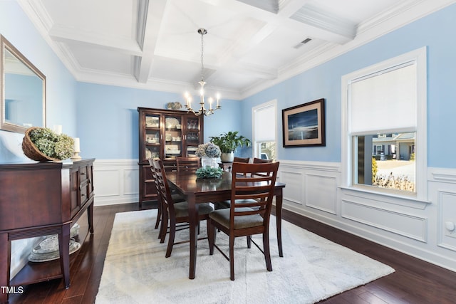 dining room featuring coffered ceiling, a notable chandelier, beam ceiling, and dark wood-type flooring