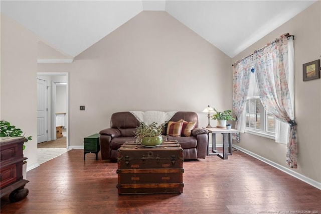 living area featuring hardwood / wood-style floors and high vaulted ceiling