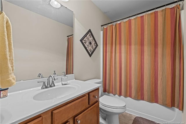 full bathroom with vanity, tile patterned flooring, shower / bath combination with curtain, and toilet