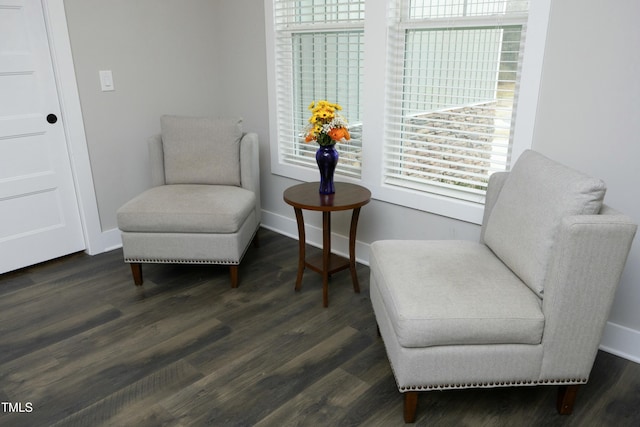 living area featuring plenty of natural light and dark hardwood / wood-style floors