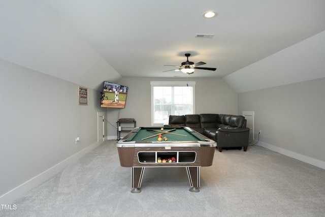 game room with vaulted ceiling, billiards, ceiling fan, and carpet