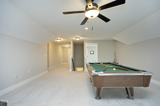 rec room featuring vaulted ceiling, carpet floors, pool table, and ceiling fan