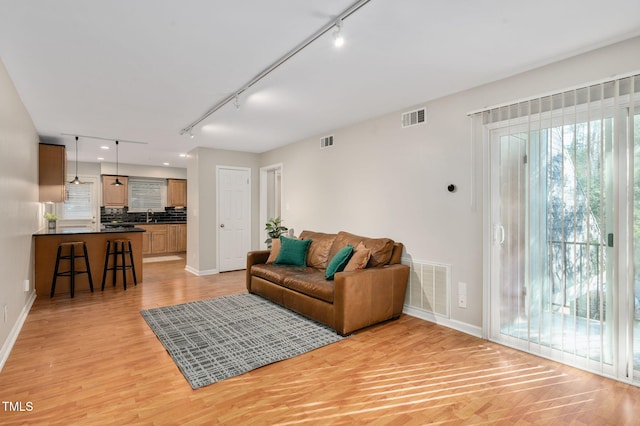 living room with rail lighting, sink, and light hardwood / wood-style floors