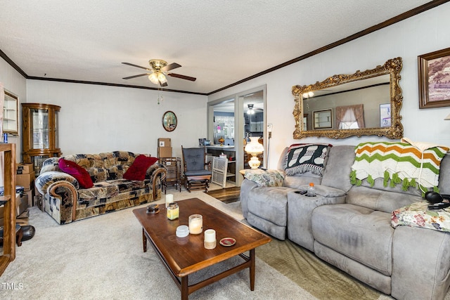 living room featuring ceiling fan, ornamental molding, a textured ceiling, and carpet flooring