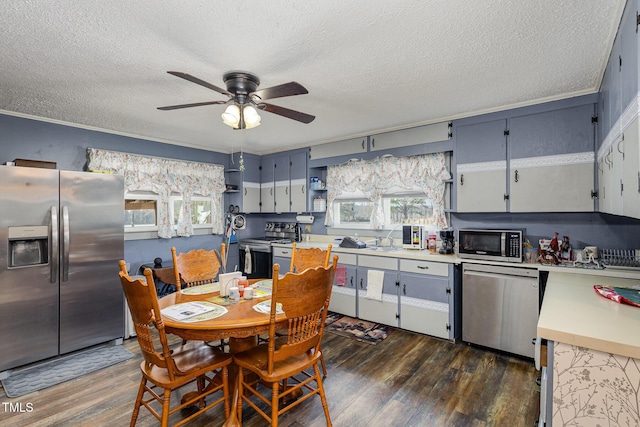 kitchen featuring stainless steel appliances, ceiling fan, a textured ceiling, and dark hardwood / wood-style flooring