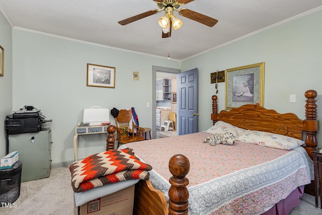 carpeted bedroom with crown molding, ceiling fan, and a textured ceiling